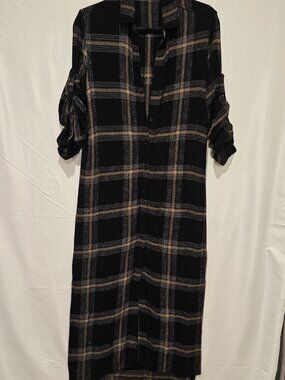 Bella Dahl Duster Dress XS Black Plaid Long Sleeve Side Slit Maxi Shirt